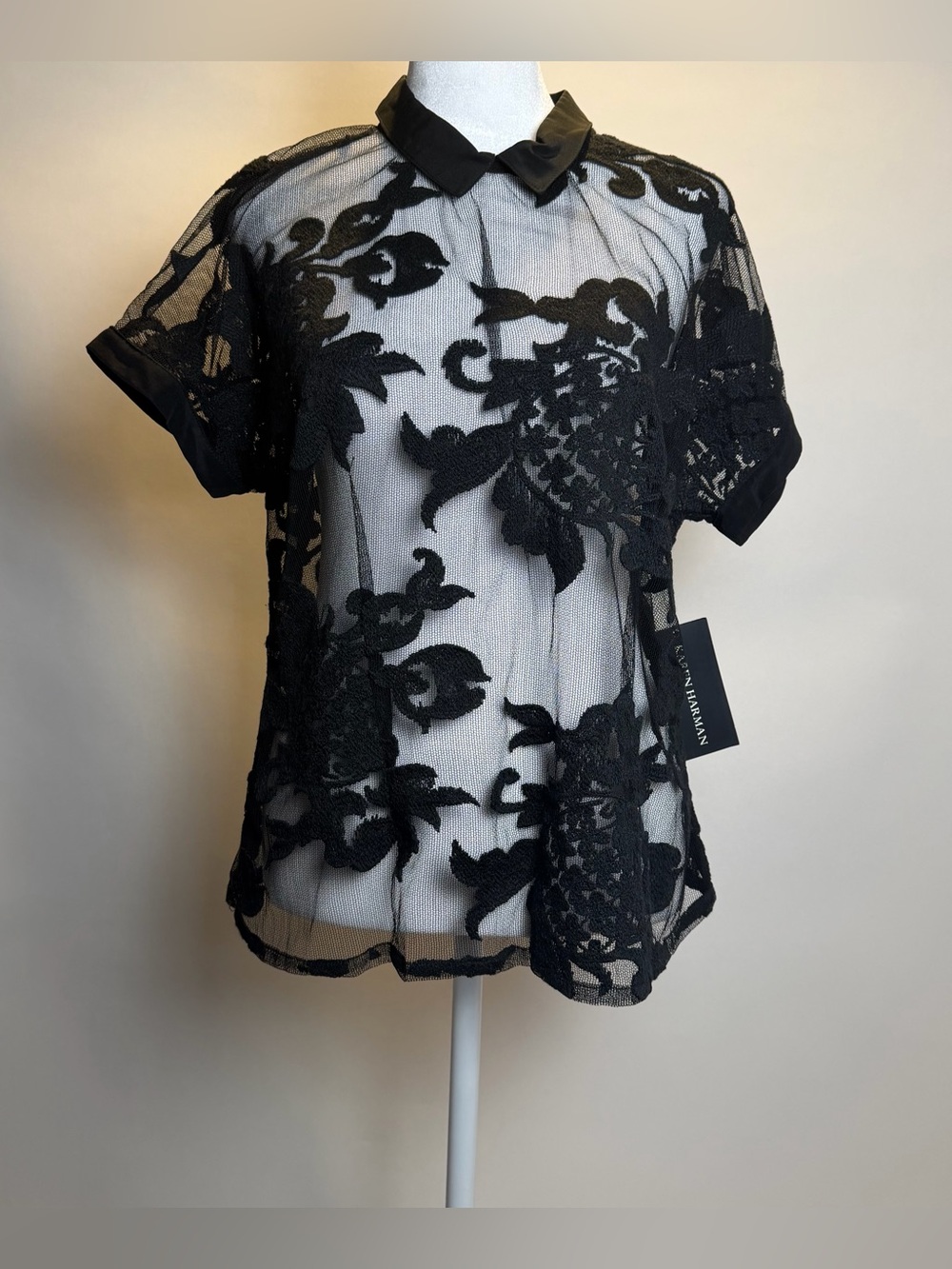 Black Sheer Lace Collared Women's Blouse - Picture 4 of 11